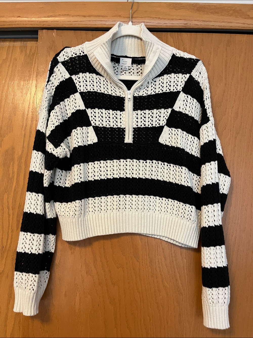 a new day Black and White Striped Half-Zip Open-Knit Sweater